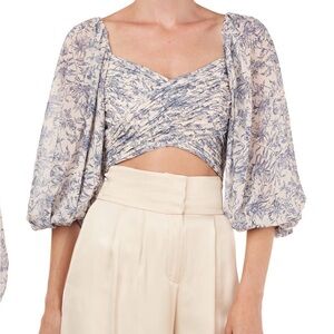 AMUR Debbie Floral Puff Sleeve Blouse - Cream and Blue